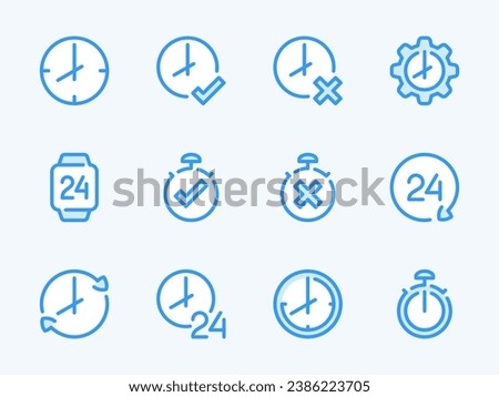 Time and Clock vector line icons. Watch and Hour outline icon set. Countdown, Timer, 24 Hours, Deadline, Time management and more.