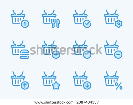 Shopping basket vector line icons. Supermarket and Grocery basket outline icon set. Food, Purchase Returns, Discount, Settings, Notification and more.