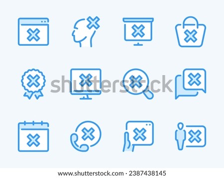 Cancellation and Rejection vector line icons. Cross, Delete, Remove, Cancel and Reject outline icon set. Phone Call, Website, Computer, Date, Search, Shopping Bag and more.