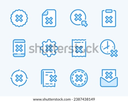 Cancellation and Rejection vector line icons. Cross, Delete, Remove, Cancel and Reject outline icon set. Badge, Mobile Phone, Receipt, Goal, Time, Mail, Plan and more.