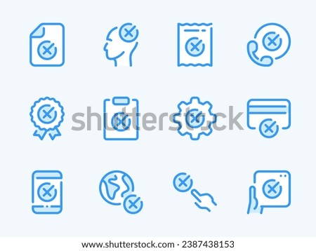 Cancellation and Rejection vector line icons. Cross, Delete, Remove, Cancel and Reject outline icon set. Receipt, Phone Call, Document, Payment, World, Mobile Phone and more.
