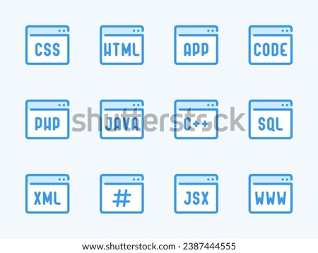 Frontend Development and Website Layout vector line icons. Programming Languages outline icon set. Php, Css, Html, Software Java, Coding, and more.