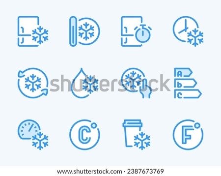 Fridge and Freezer vector line icons. Freezing and Refrigeration and outline icon set. Refrigerator, Defrosting, Temperature, Celsius, Cooling, Quality Level, Fahrenheit and more.