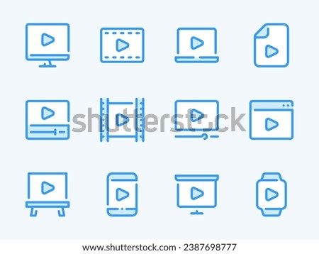 Video and Media Player vector line icons. Film, Movie and Play content outline icon set. Online Viewing, Presentation, Computer, Mobile Phone, Video File, Cinema Film and more.