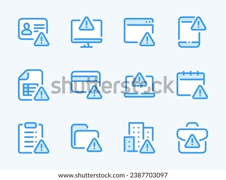 Warning and Alert Notification vector line icons. Error, Attention and Caution outline icon set. Payment, Document, Folder, Identification, Website, Calendar and more.