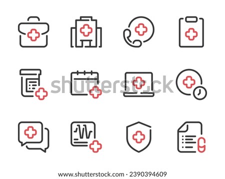 Healthcare vector line icons. Clinic and Hospital outline icon set. Ambulance, Medicine, Health, Medical service, First Aid and more. Color highlight symbols.