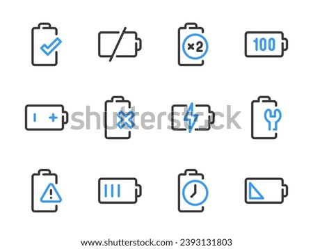 Battery and Accumulator Configurations vector line icons. outline icon set. Charge Level, Charging, Warning Notification, Dead Battery, Capacity Status and more.