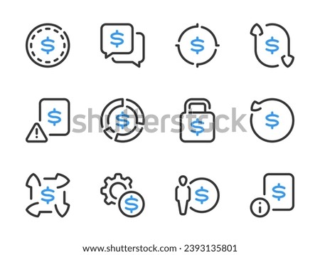 Money, Dollar and Finance vector line icons. Business and Financial advice outline icon set. Chart, Savings, Message, Lock, Money target, Statistical report and more.