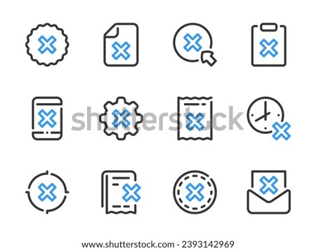Cancellation and Rejection vector line icons. Cross, Delete, Remove, Cancel and Reject outline icon set.