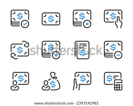 Money, Dollar and Finance vector line icons. Cash and Payment outline icon set. Exchange, Cost calculation, Personal expenses, Savings, Financial report and more.