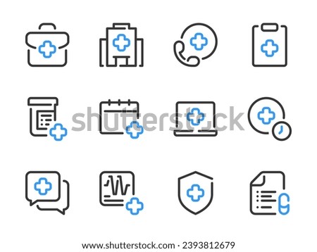 Healthcare vector line icons. Clinic and Hospital outline icon set. Ambulance, Medicine, Health, Medical service, First Aid and more.