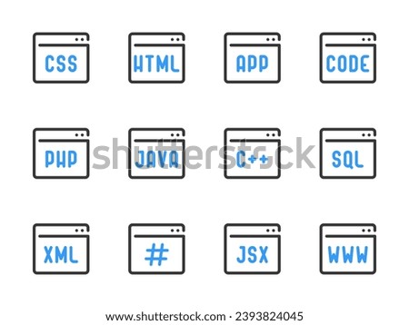 Programming Languages and Frontend Development vector line icons. Website Layout outline icon set. Php, Css, Html, Software Java, Coding, and more.