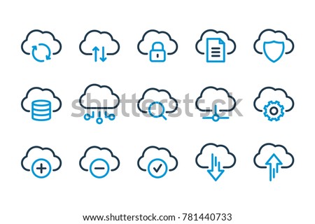 Cloud Computing, Computer cloud and Cloud Hosting related line icons. Cloud storage and Network Vector icon set.