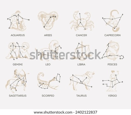 Collection of zodiac signs. Astrological symbols vector illustration. Constellation set