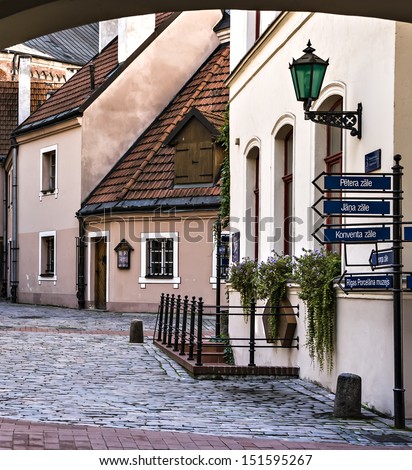 Medieval street in old town of Riga city, Latvia. In 2014, Riga is the European capital of culture