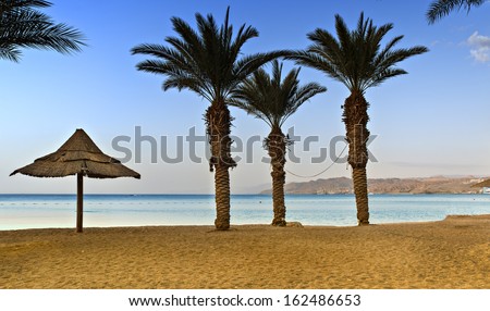 Golden beach in Eilat - famous resort and recreation city at the Red Sea, Israel