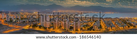 Panoramic view from surrounding hills on Eilat (Israel) and Aqaba (Jordan) in the early morning