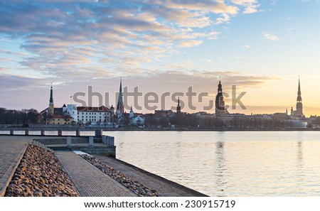 View on old city from rubble embankment of the Daugava river, Riga, Latvia