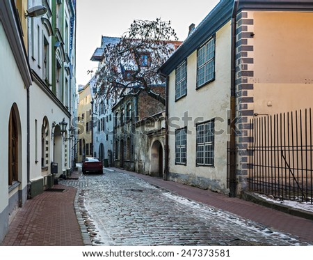 Medieval street in the old Riga city, Latvia. In 2014, Riga was the European capital of culture
