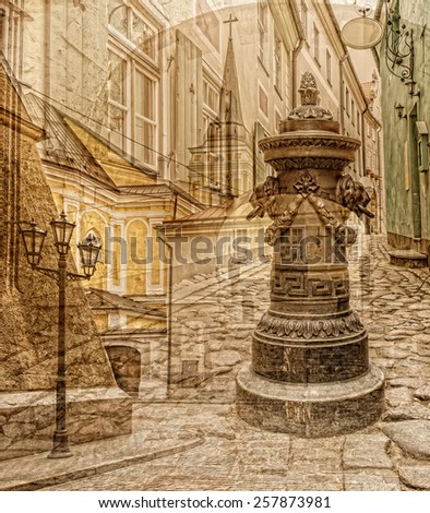 Aged textured image for inspiration of retro style with fragments of old Riga medieval architecture, Latvia, Europe