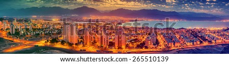 Spectacular panoramic view on the Gulf of Aqaba from hills of Eilat. Image toned with instagram retro style effect