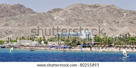View on coral reef at southern beach of Eilat city – famous recreation town on the Red Sea, Israel
