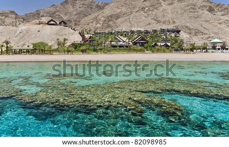 View on coral reef at southern beach of Eilat – famous recreation and resort town on the Red Sea, Israel