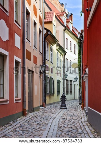 Narrow street in the old city of Riga, Latvia. In 2014, Riga is the European capital of culture