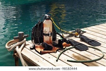 Diving equipment on a pier of the Red Sea, Eilat