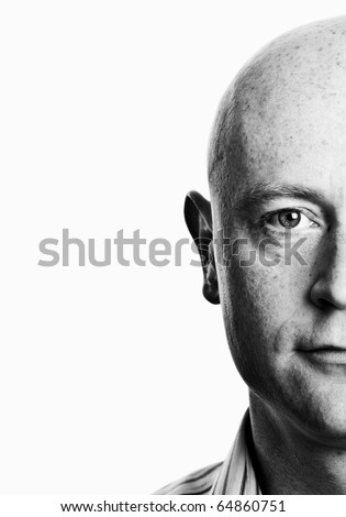Similar – Image, Stock Photo Half portrait of a young caucasian adult wearing a white mask. Copy space on the right. Man looking at the camera