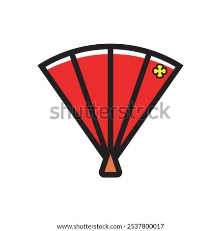 A red folding fan with stripes with small flower ornaments flat icon, Chinese lunar year theme pack, Asian festival decoration icon vector design illustration. 