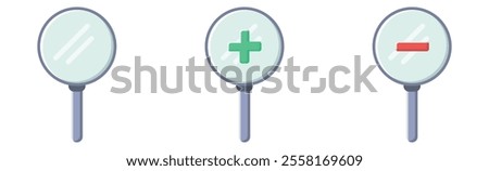 Magnifying glass flat icon, lup vector design, magnifying plus, minus design illustration, lup icon set, isolated on white background. 