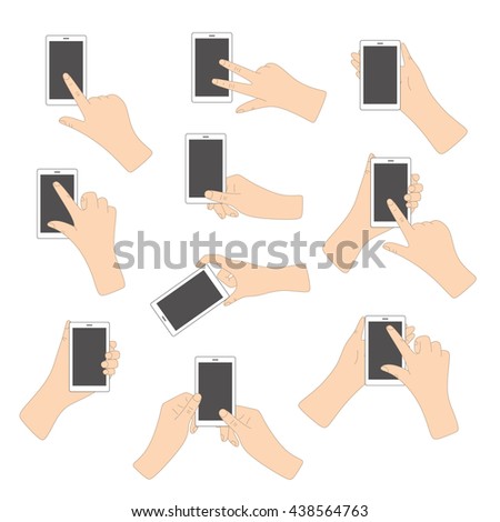 Set of gestures with smartphone. Hands holding gadget. Outlined vector illustration