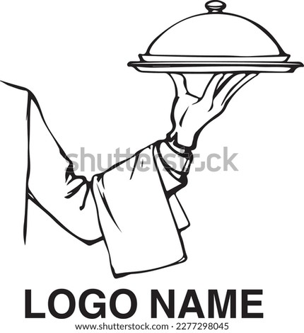 Classic elegant waitress palm give dome lid on white backdrop. Freehand outline black ink drawn picture order logo sign sketchy in retro art doodle cartoon etch style pen on paper with space for text
