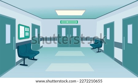 Hospital corridor waiting hall with information board chairs doors and wheelchair empty no people clinic interior flat horizontal banner. The background is hospital corridor.