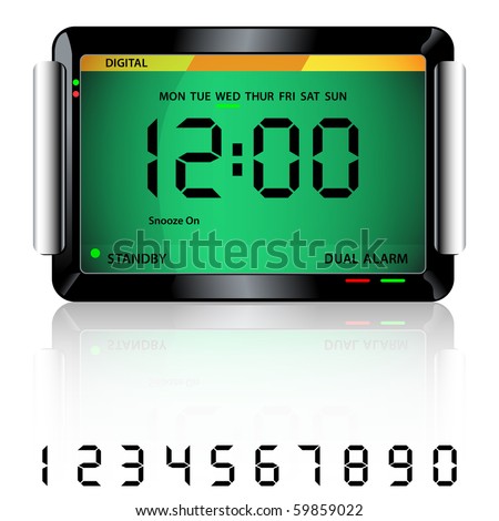 Digital alarm clock isolated on white with reflection and spare digital numbers. Raster also available.