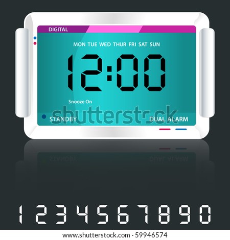 Digital alarm clock isolated on dark grey with reflection and spare digital numbers. Raster also available.