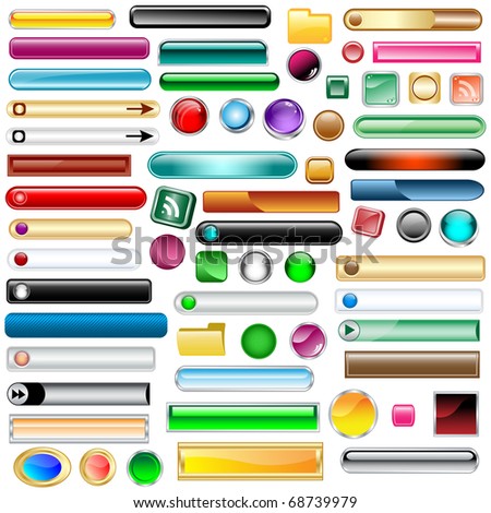 Web buttons collection with 63 scalable assorted colors and shapes inc round, square, rectangles and oval shaped buttons. Isolated on white. Raster also available.