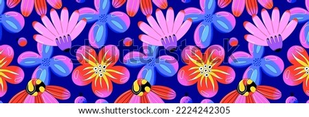Horizontal rectangle banner with floral pattern. Contemporary bright vector flowers with black outline. Baloon style. Modern art. Vector illustration