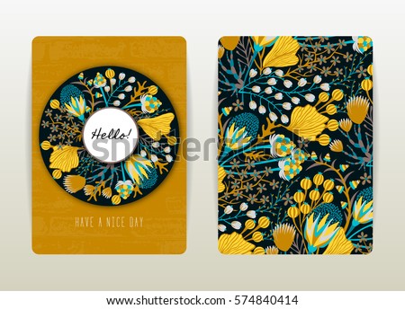 Cover design with floral pattern. Hand drawn creative flowers. Colorful artistic background with blossom. It can be used for invitation, card, cover book, catalog. Size A4. Vector illustration, eps10