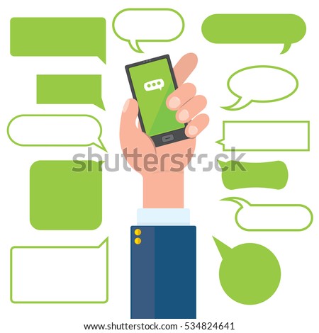 A simple vector illustration of a business man's hand holding a cell phone. The mobile is receiving multiple different text message alerts.