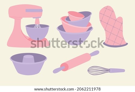 Pink and lilac kitchen utensils set. Food mixer, bowls, cooking glove, cake pan, rolling pin and egg beater