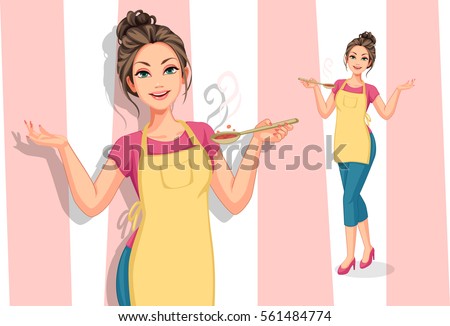 Beautiful women in cooking apron holding a spoon vector illustration