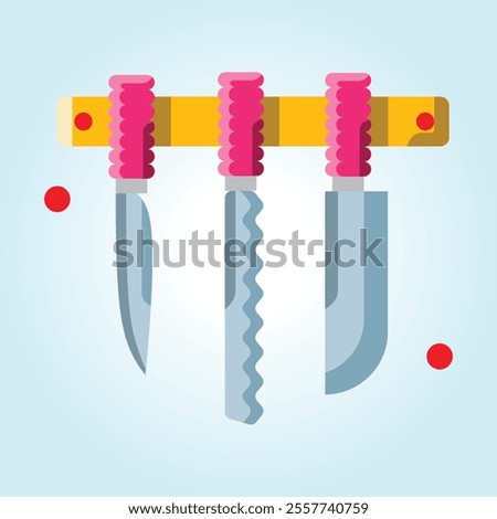 A vibrant illustration showcasing three different knives neatly arranged on a magnetic strip.  A cheerful depiction of kitchenware.