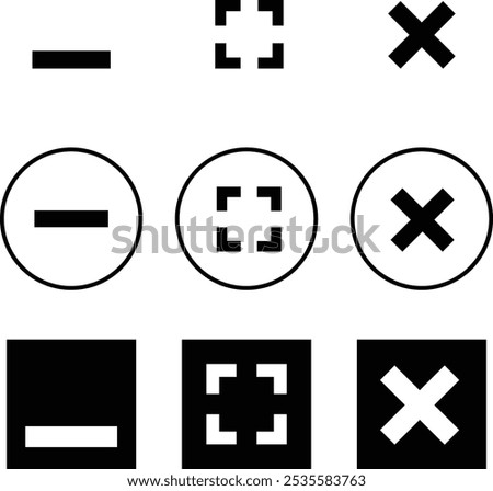 Minimize, maximize, and close button icon vector. Elements of mobile app window.Multi web buttons. Maximize and minimize round,squara buttons. Vector isolated window browser icon. Close window symbol.