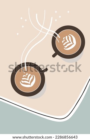 Coffee talk. Color image of two cups of hot coffee. Hand drawing. Life style.Flat vector illustration.Vertical style, flat lay content. Vector