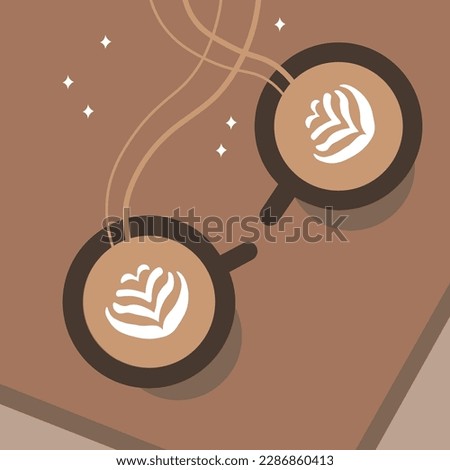Coffee talk. Color image of two cups of hot coffee. Hand drawing. Flat vector illustration, flat lay content