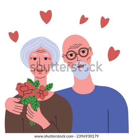 Elderly, couple, love ,vector, illustration, flat, cartoon, hand drawn, elderly woman, women, flowers , man,elderly man, background, hearts, people, human, relationships, lifestyle, holidays, celebrat