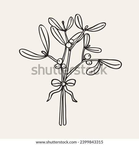 Mistletoe illustration. Hand drawn vector illustration of branch with leaves and flower of Mistle plant. Medicinal and magical plant, Christmas flower, amulet. Design for print, design, card, paper