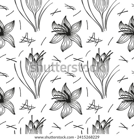 Saffron spice flower seamless pattern with saffroned plants stigmas  hand drawn vector illustration. Repeating background with fragrant oriental spice, Сrocus backdrop for label, print, paper, card